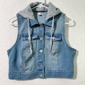 BONGO Y2K Blue Denim Button-Up Cropped Vest Detachable Gray Hood Juniors Large